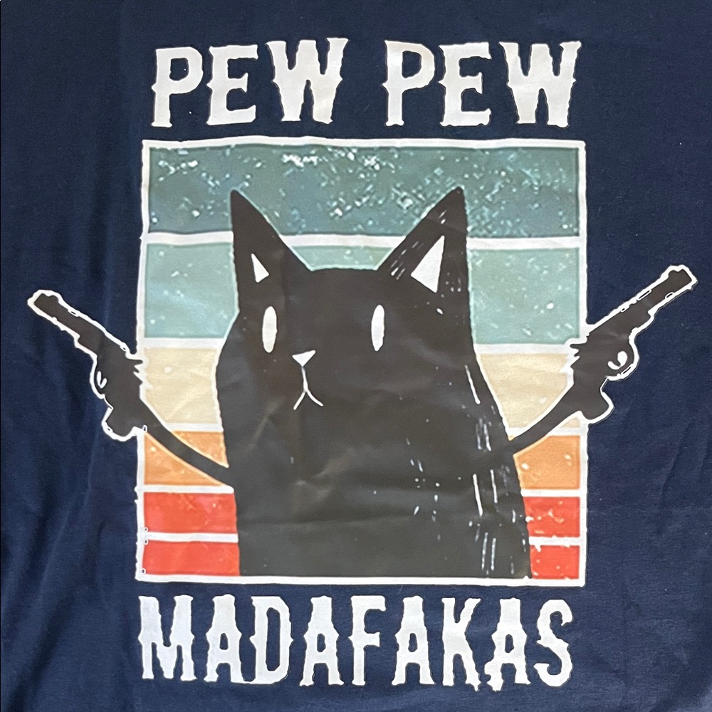 Pew Pew Cat Graphic T-Shirt - Navy blue